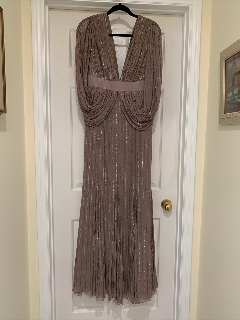 Black Label Taupe Sequin Draped Long Sleeve Evening Gown
